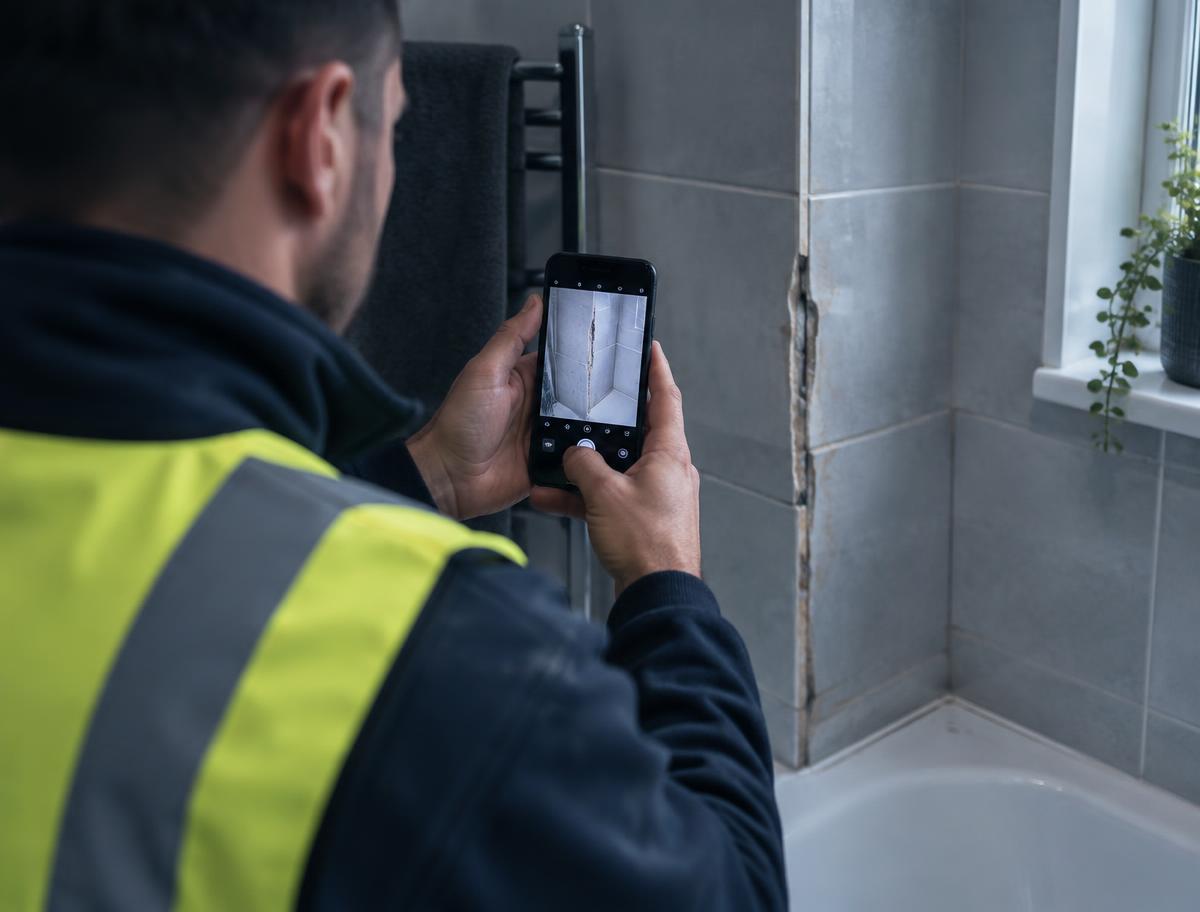 Tradesperson photographing a bathroom repair on a smartphone